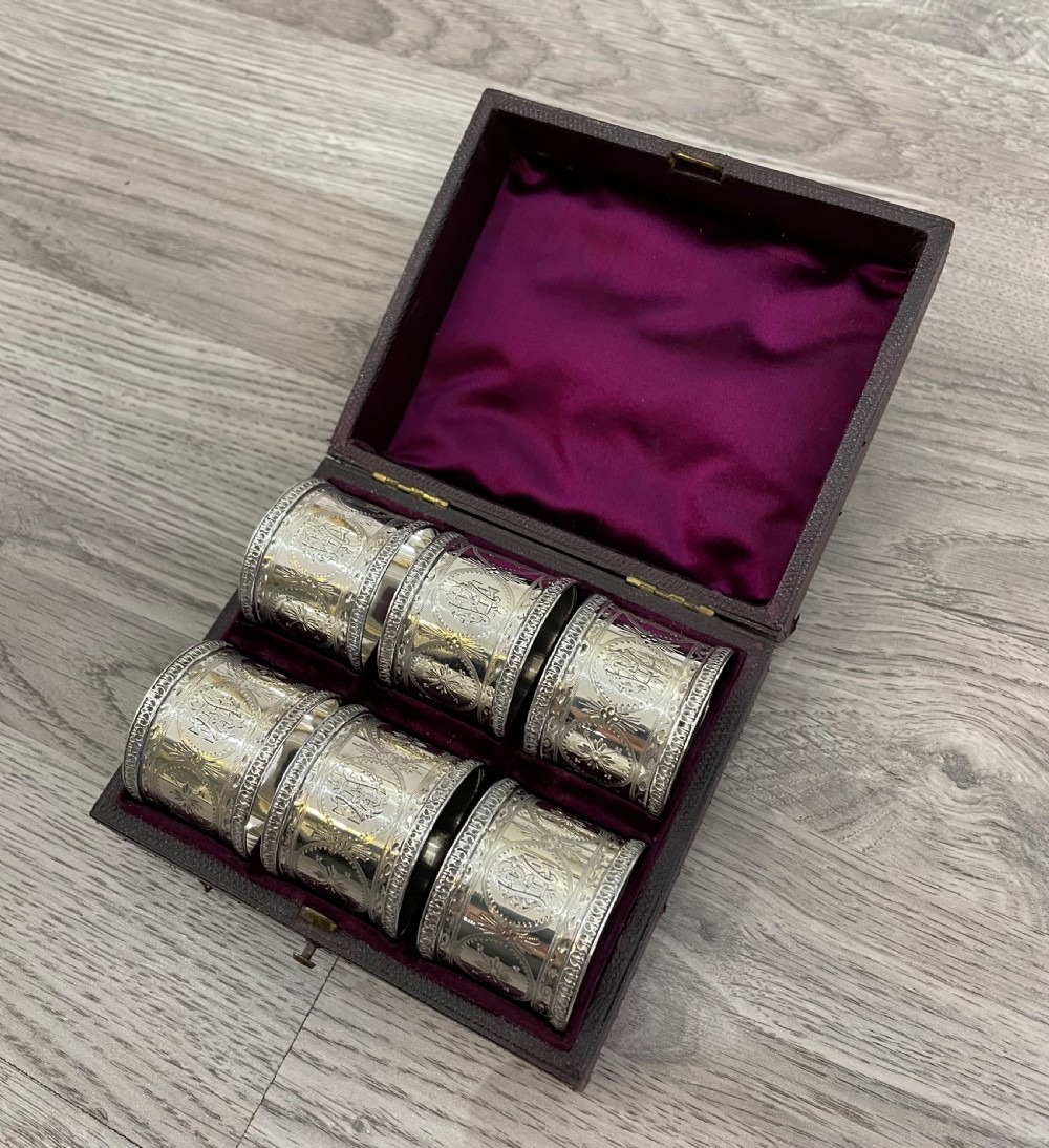 Quality Set of Six Victorian Solid Silver Napkin Rings, Original Case View IV