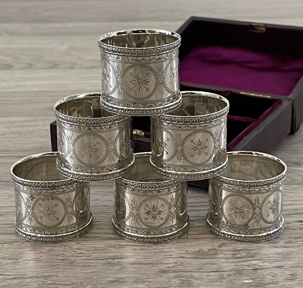 Quality Set of Six Victorian Solid Silver Napkin Rings, Original Case View VII