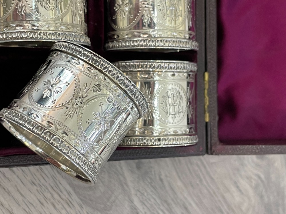 Quality Set of Six Victorian Solid Silver Napkin Rings, Original Case View VIII