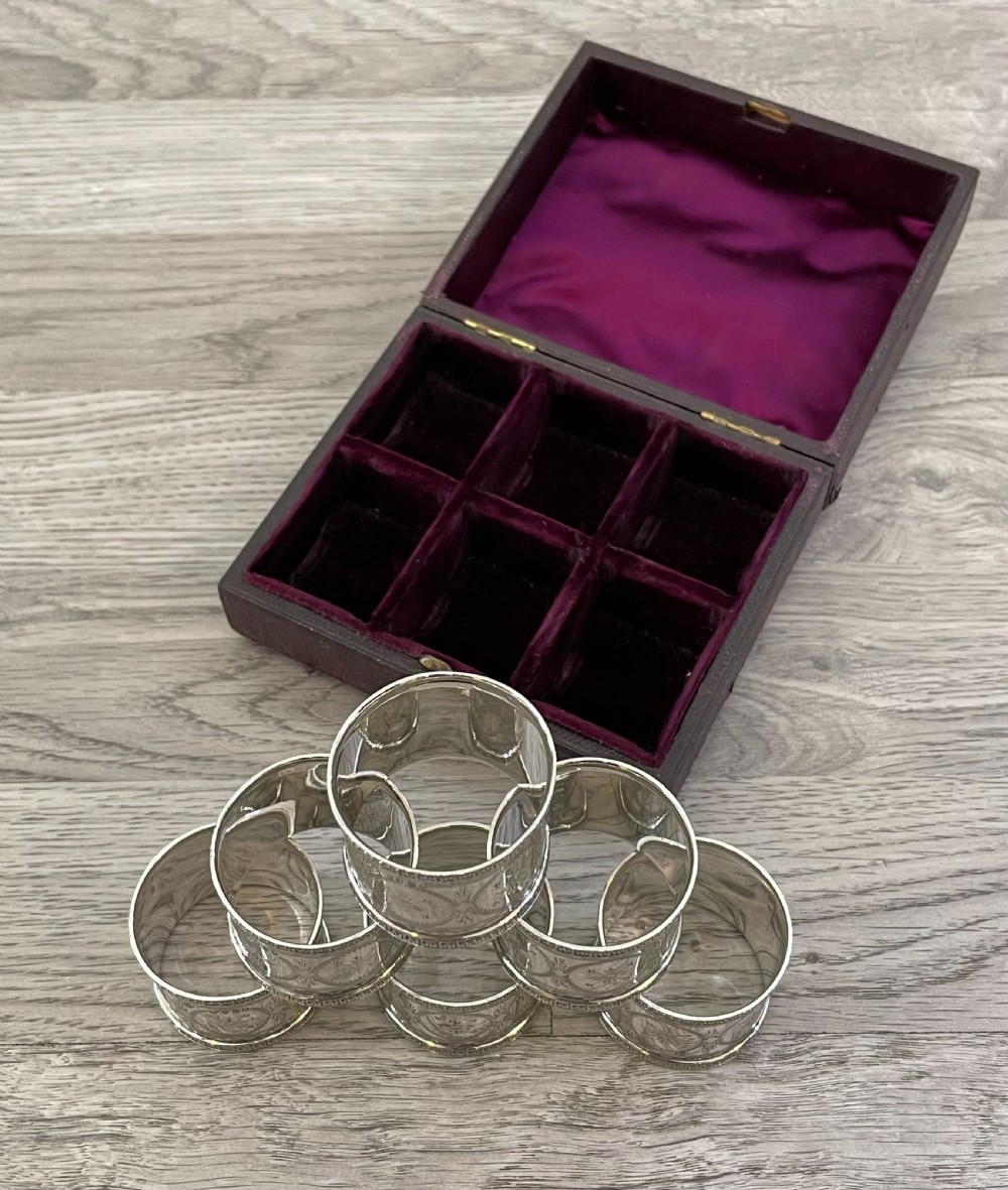 Quality Set of Six Victorian Solid Silver Napkin Rings, Original Case View IX