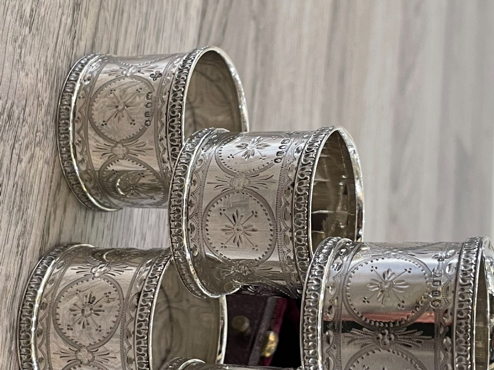 Quality Set of Six Victorian Solid Silver Napkin Rings, Original Case View X