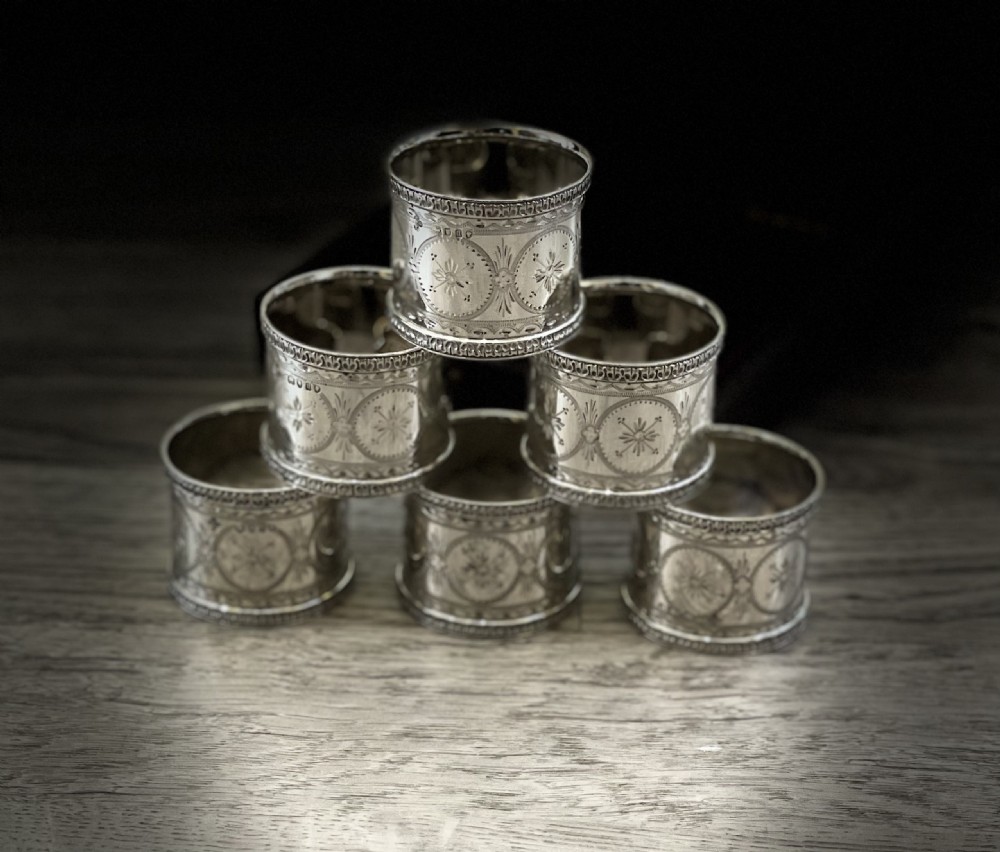 Quality Set of Six Victorian Solid Silver Napkin Rings, Original Case View XI