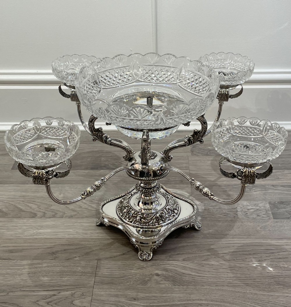 Impressive George V Silver Plated & Cut Glass Epergne Centrepiece