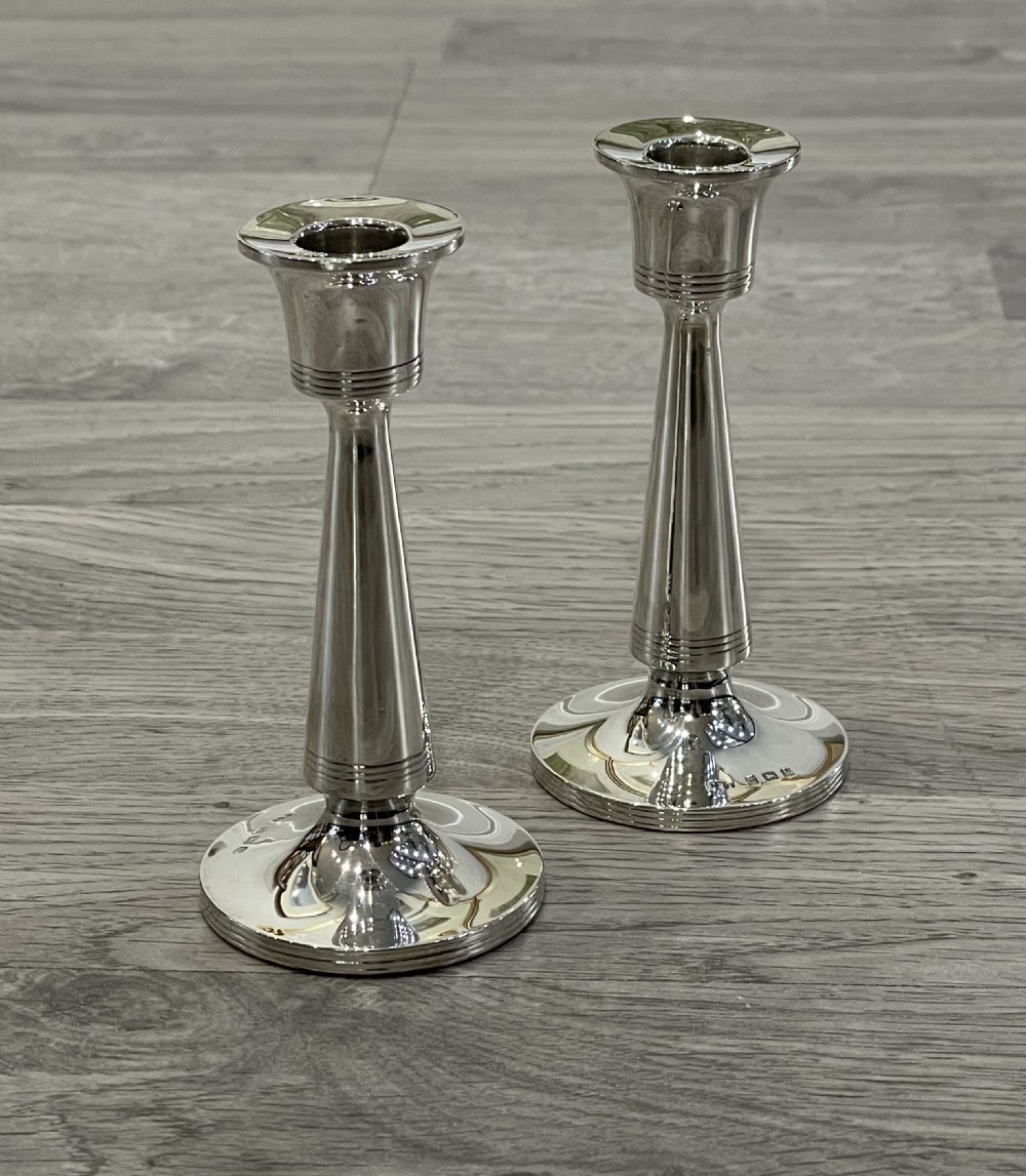 Pair of Art Deco Solid Silver Dwarf Candlesticks 