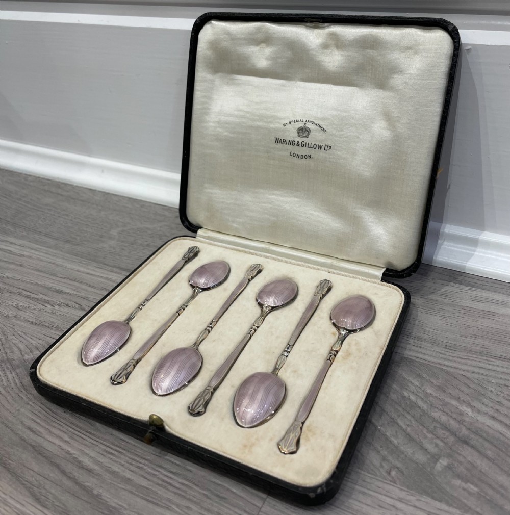 Set of Six Art Deco Silver & Enamel Coffee Spoons View II