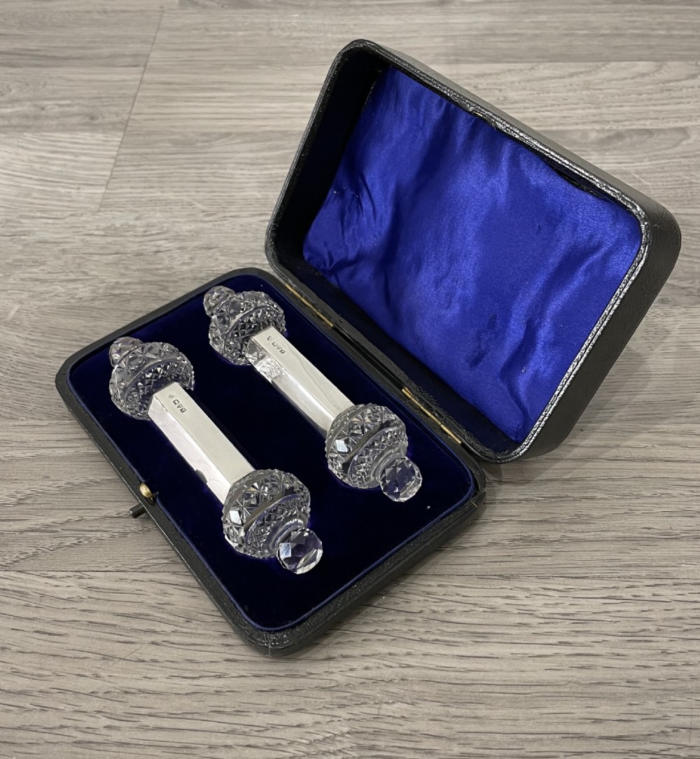 Super Pair of George V Solid Silver & Cut Glass Knife Rests