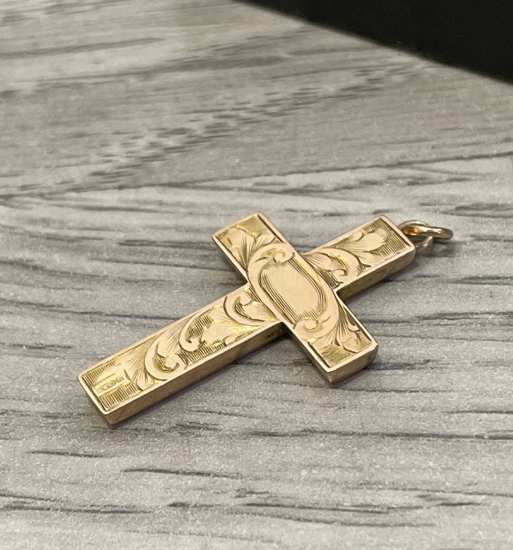 9ct Rose Gold Floral Engraved Cross Pendant View V