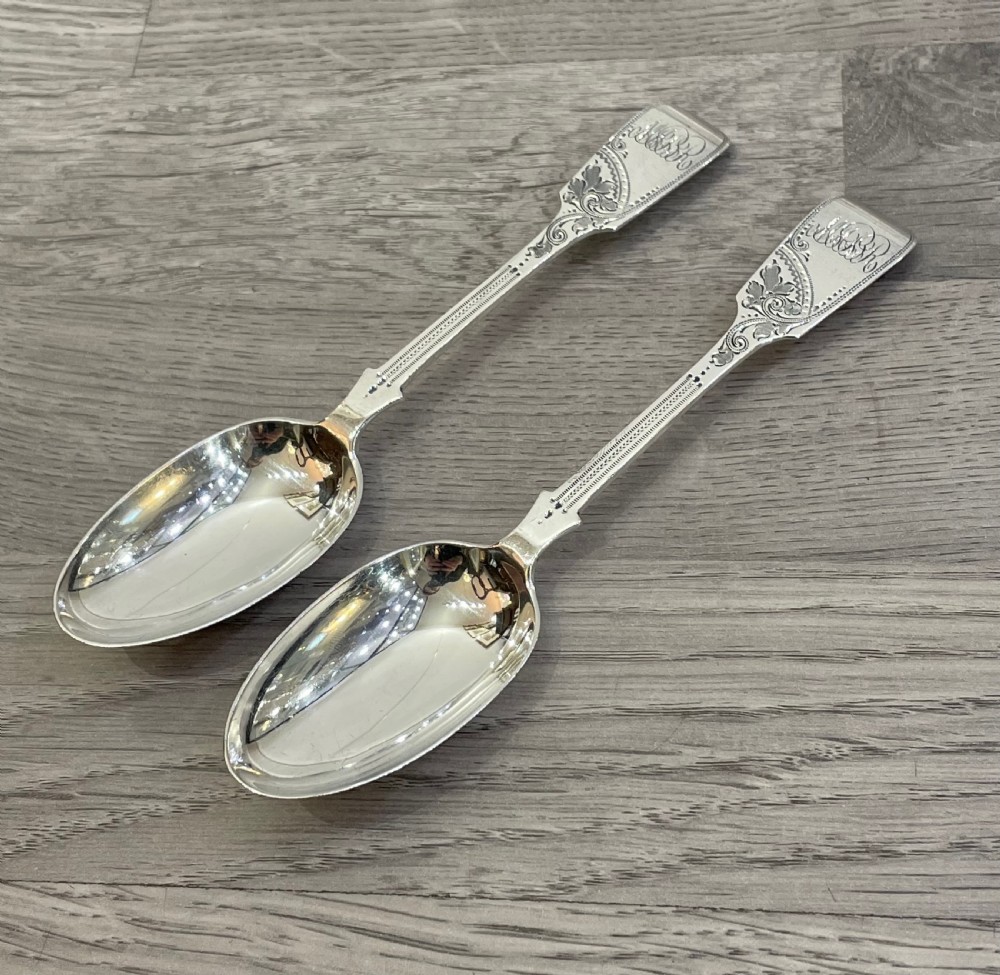 Pair of Edwardian Bright Cut Solid Silver Spoons, 1907