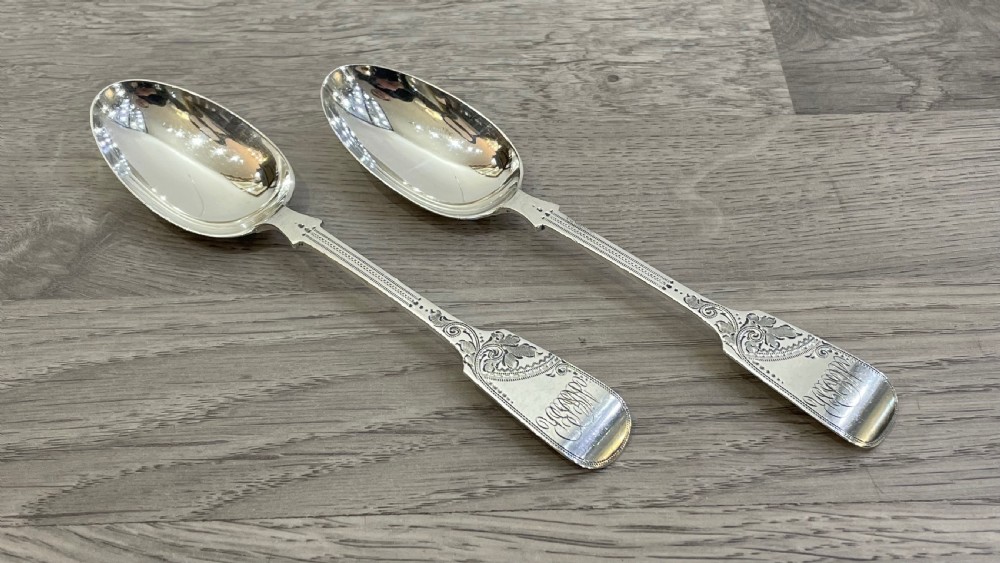 Pair of Edwardian Bright Cut Solid Silver Spoons, 1907 View V