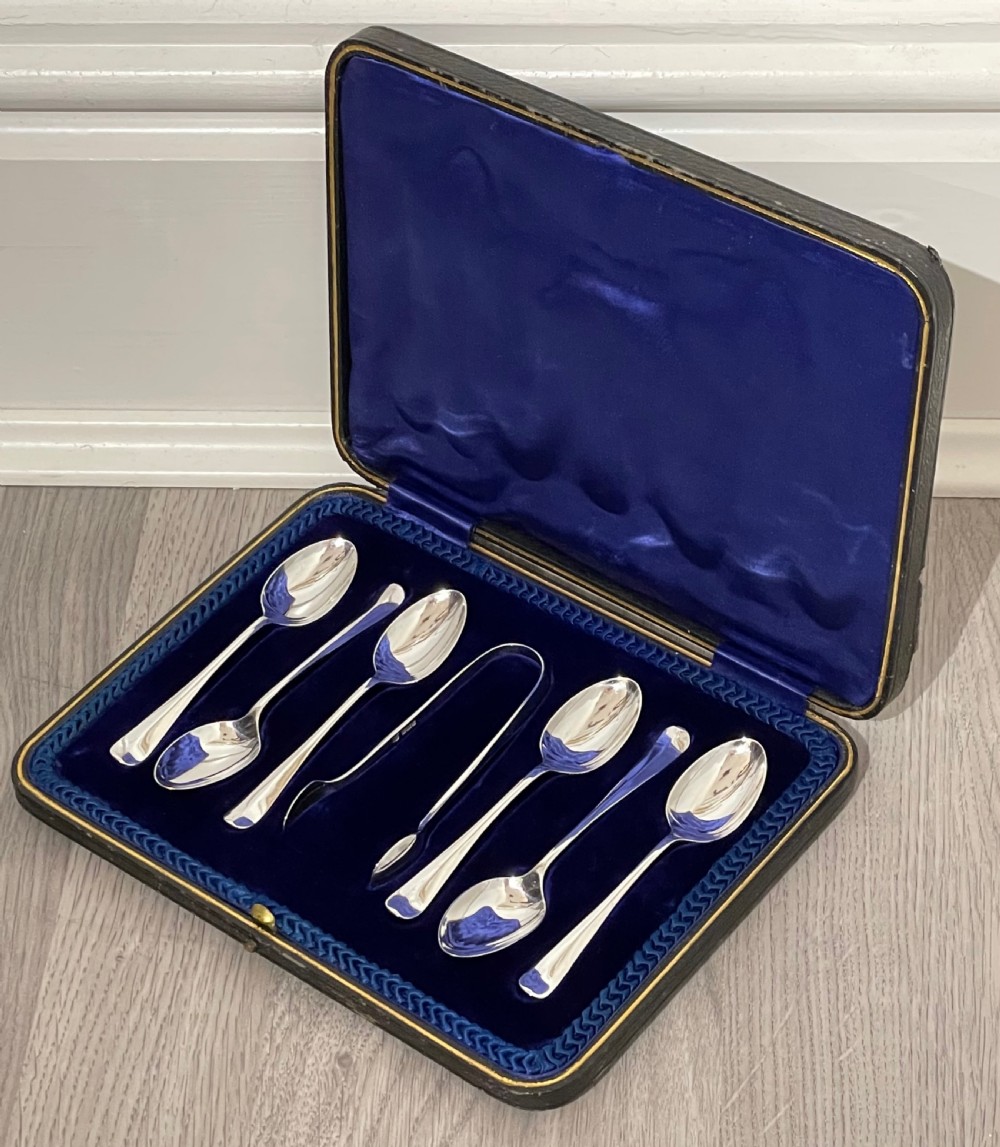 Set of Six Edwardian Silver Teaspoons and Tongs, Sheffield 1909 by Cooper Brothers & Sons Ltd