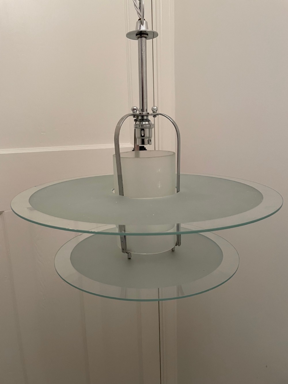 Fabulous Art Deco Chrome & Glass Disc Light Chandelier View IV
