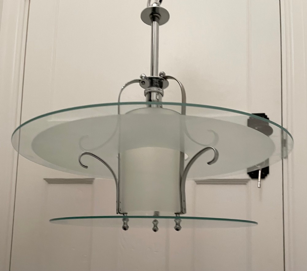 Fabulous Art Deco Chrome & Glass Disc Light Chandelier View V