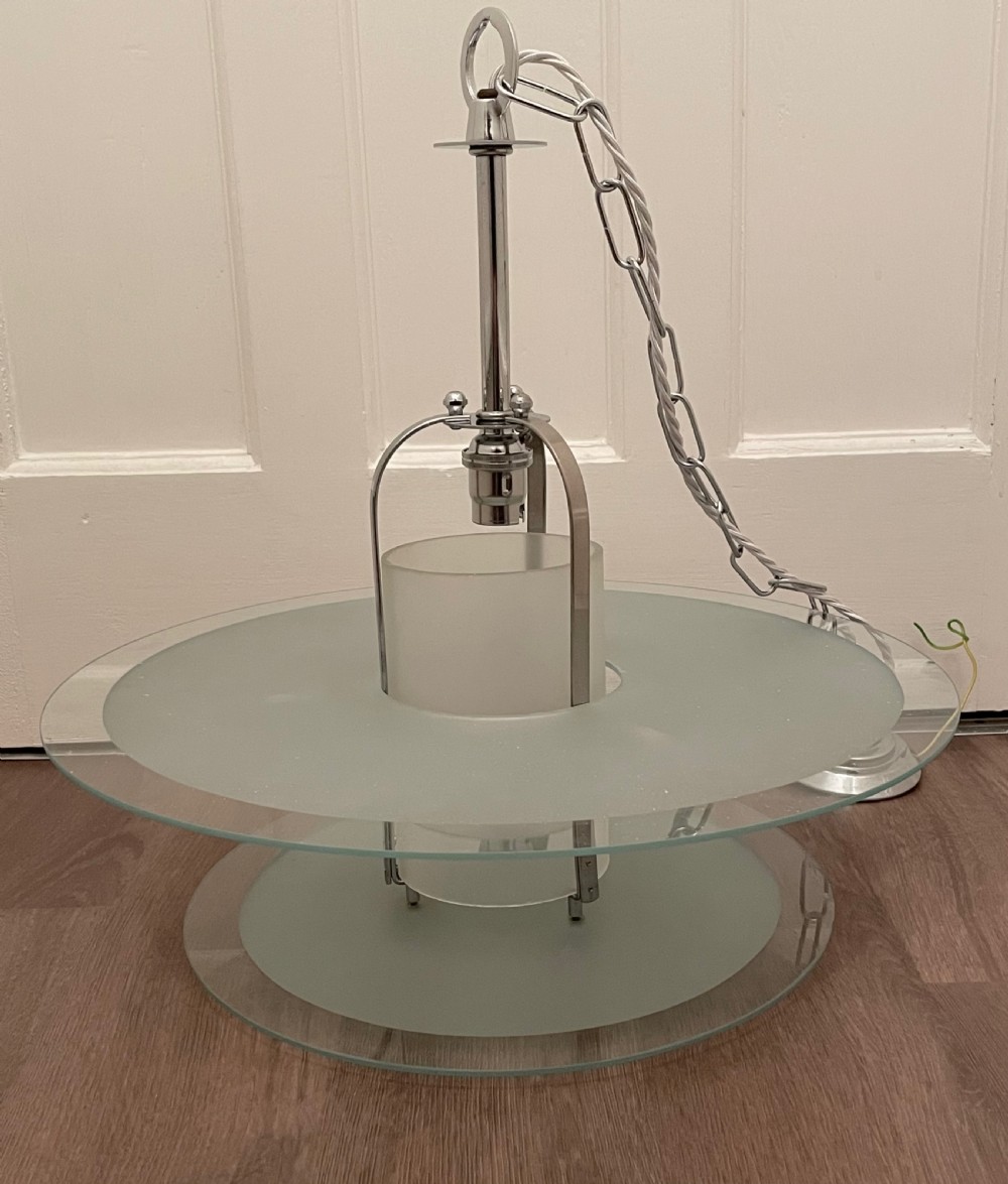 Fabulous Art Deco Chrome & Glass Disc Light Chandelier View VII