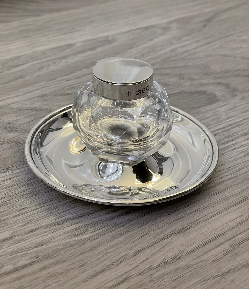 Victorian Silver & Glass Desk Inkwell by A & J Zimmerman View II