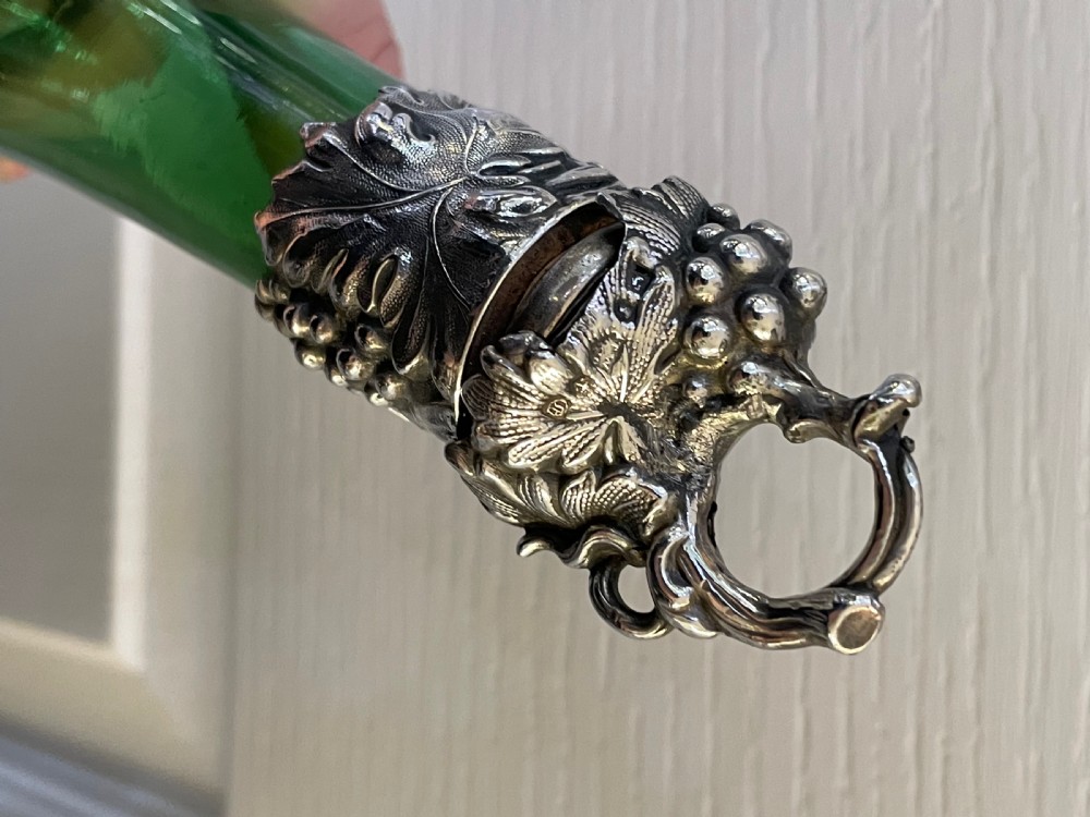 Victorian Green Glass Silver Mounted Wine Bottle Decanter, 1839 View V