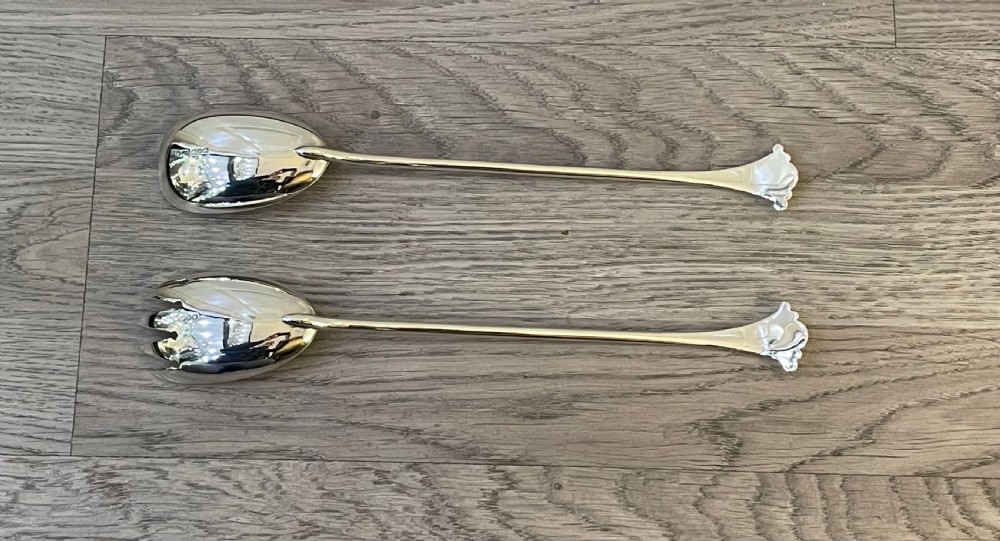 Quality Pair of Victorian Solid Silver Onslow Salad Servers  View V