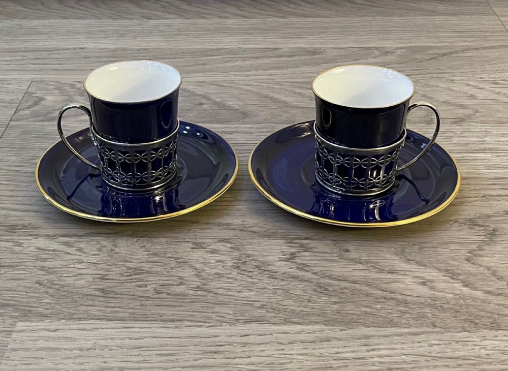 Pair of George V Demitasse Coffee Cups and Saucers with Silver Holders, Mappin & Webb View II