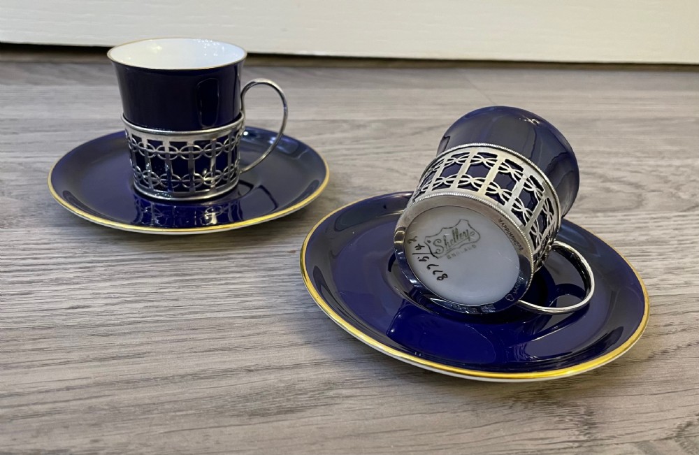 Pair of George V Demitasse Coffee Cups and Saucers with Silver Holders, Mappin & Webb View VI