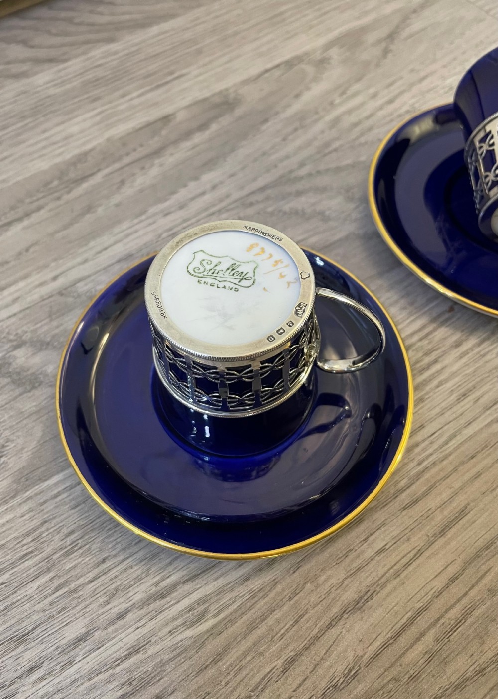Pair of George V Demitasse Coffee Cups and Saucers with Silver Holders, Mappin & Webb View VII
