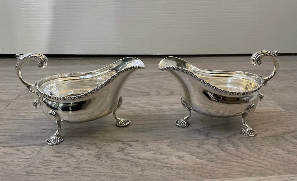 Pair of George V Solid Silver Sauce Boats by Harrods