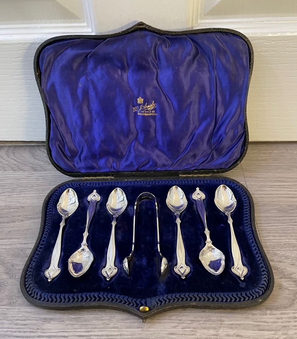 Cased Set of Art Nouveau Solid Silver Spoons & Tongs View II