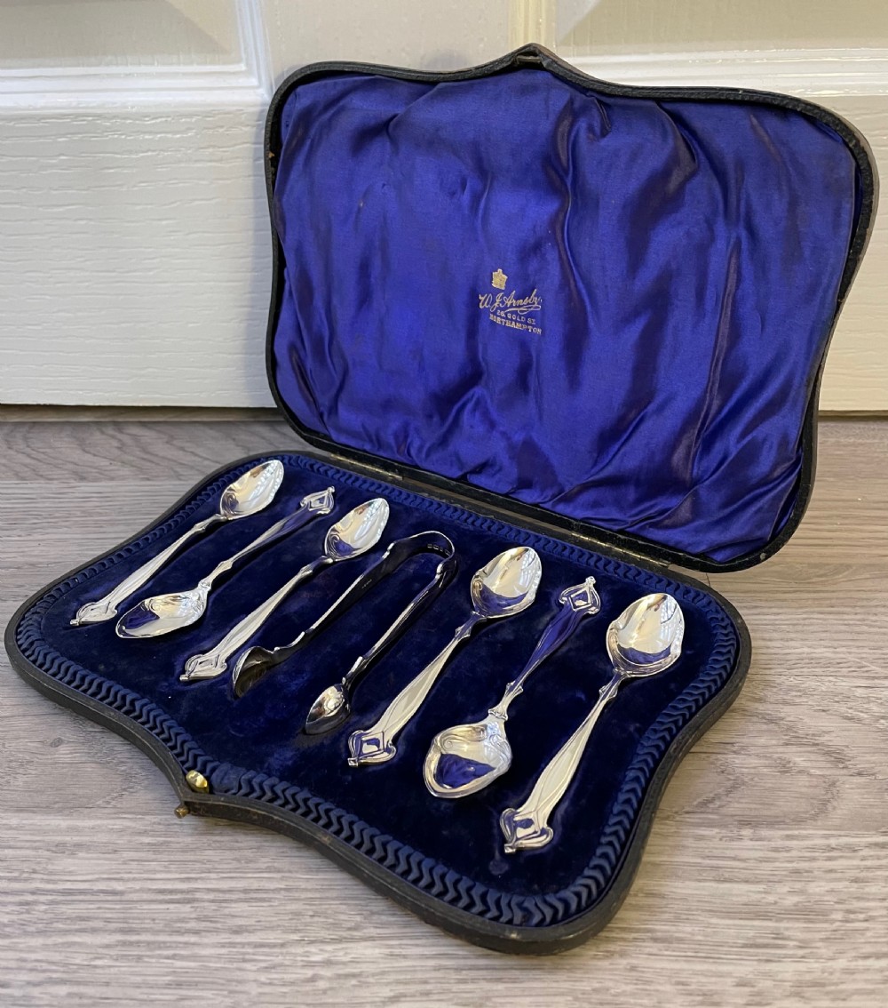 Cased Set of Art Nouveau Solid Silver Spoons & Tongs View III