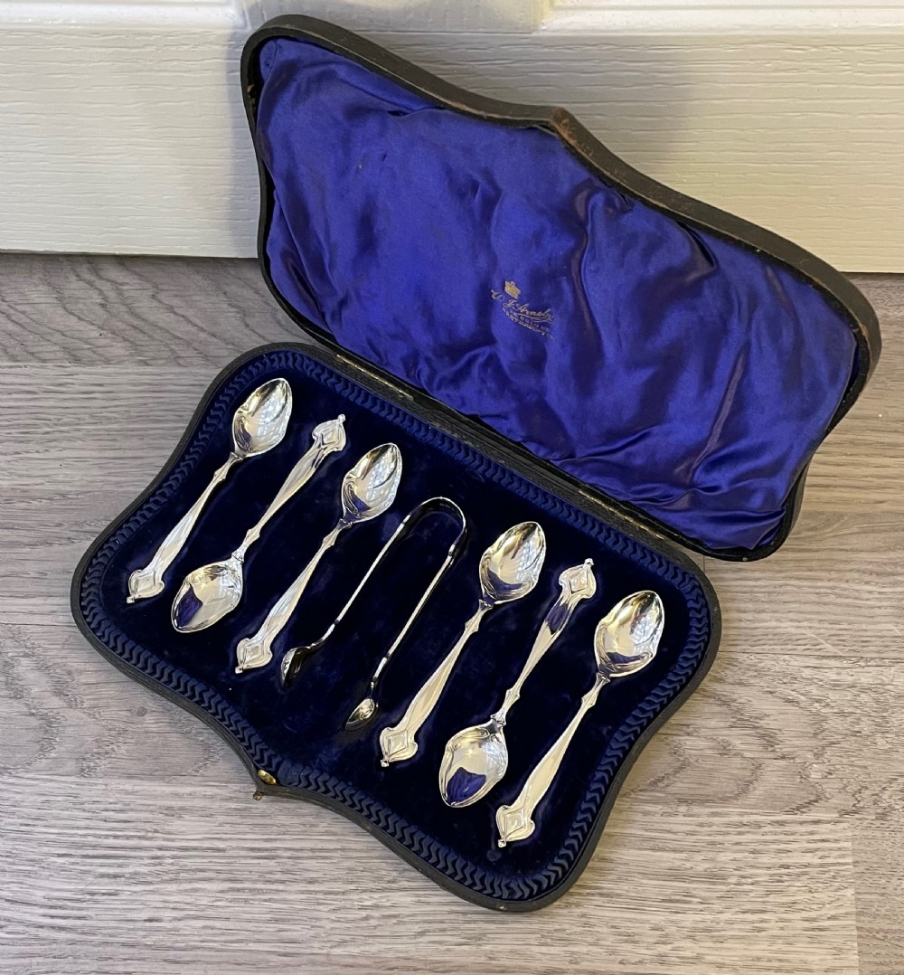 Cased Set of Art Nouveau Solid Silver Spoons & Tongs View V