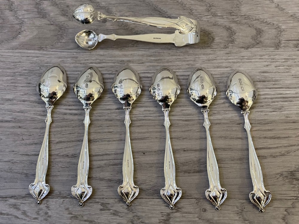Cased Set of Art Nouveau Solid Silver Spoons & Tongs View VI