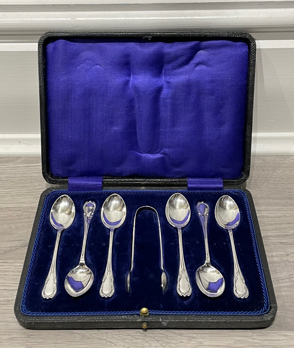 Set of Six George V Solid Silver Teaspoons and Sugar Tongs