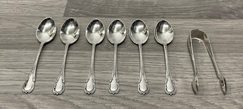 Set of Six George V Solid Silver Teaspoons and Sugar Tongs View III