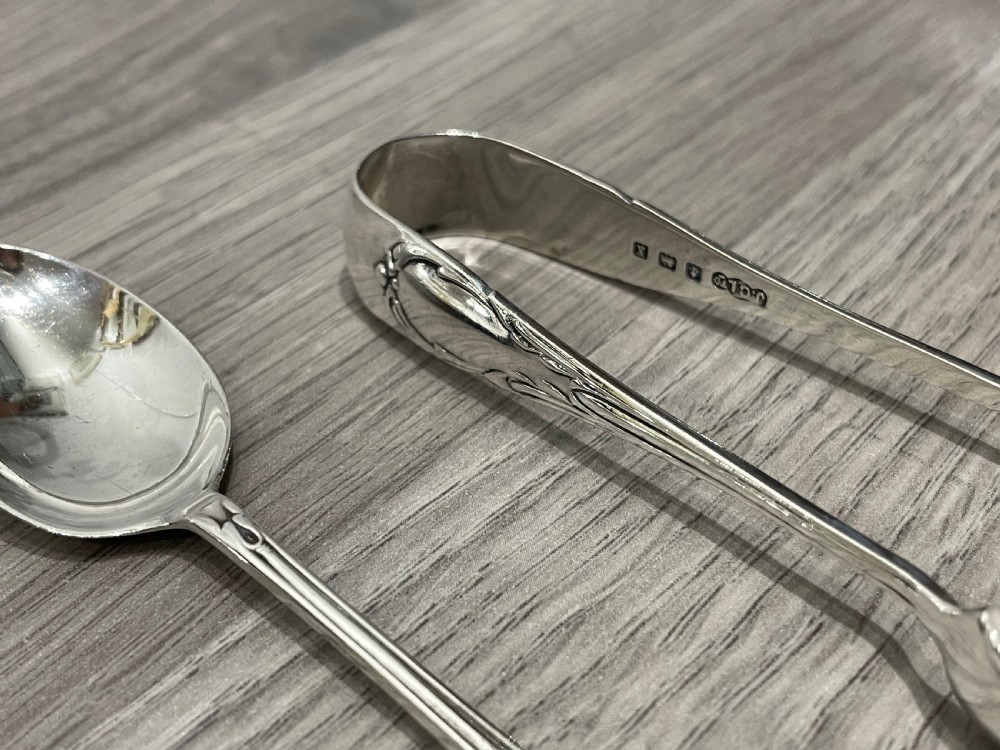 Set of Six George V Solid Silver Teaspoons and Sugar Tongs View V
