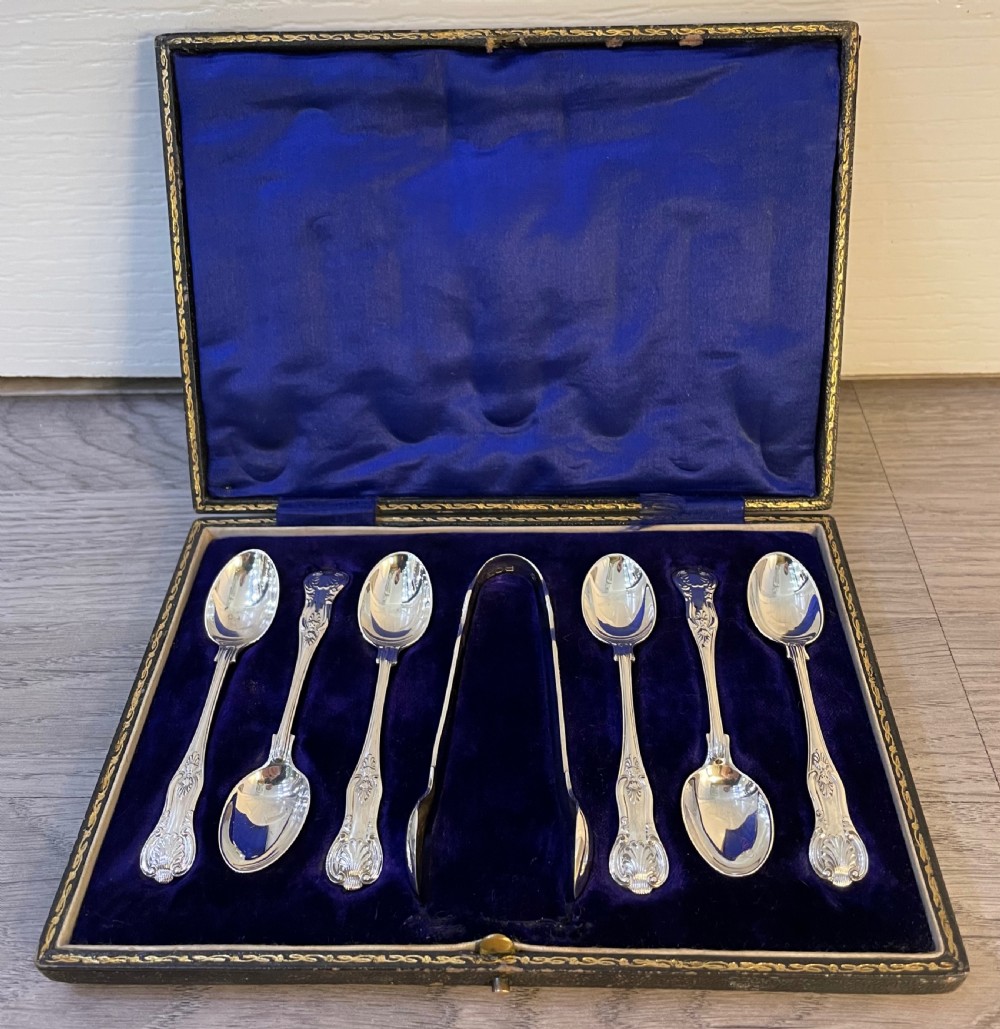 Edwardian Solid Silver Kings Pattern Teaspoons & Tongs, 1907