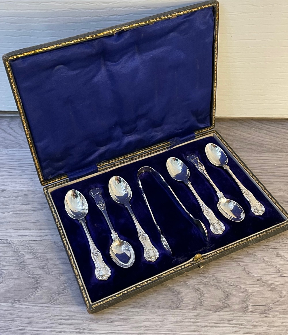 Edwardian Solid Silver Kings Pattern Teaspoons & Tongs, 1907 View II