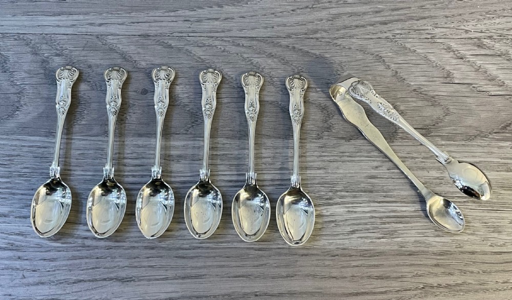 Edwardian Solid Silver Kings Pattern Teaspoons & Tongs, 1907 View V