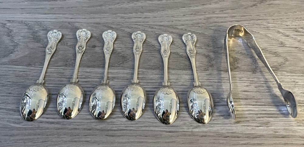 Edwardian Solid Silver Kings Pattern Teaspoons & Tongs, 1907 View VII
