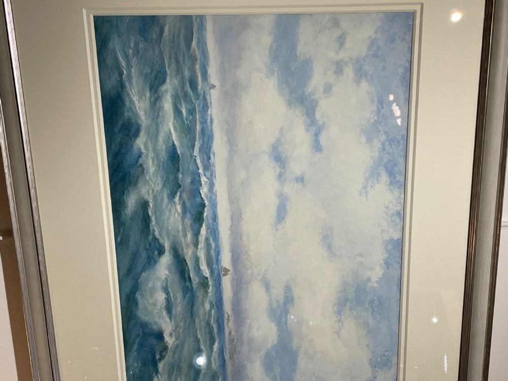 A framed watercolour painting depicting choppy blue ocean waves with distant sailing vessels under a cloudy sky. View VI