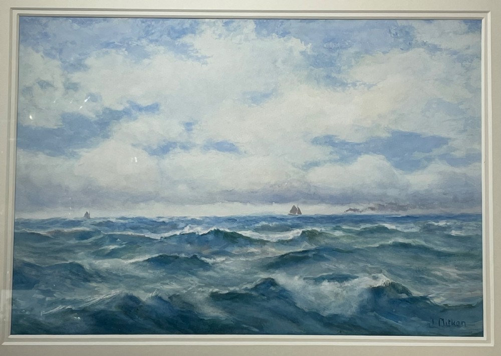 A framed watercolour painting depicting choppy blue ocean waves with distant sailing vessels under a cloudy sky. View VII