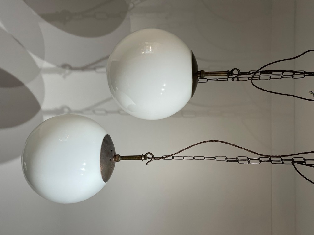 Pair of Large 1930s Opaline Globe Light Pendants View III