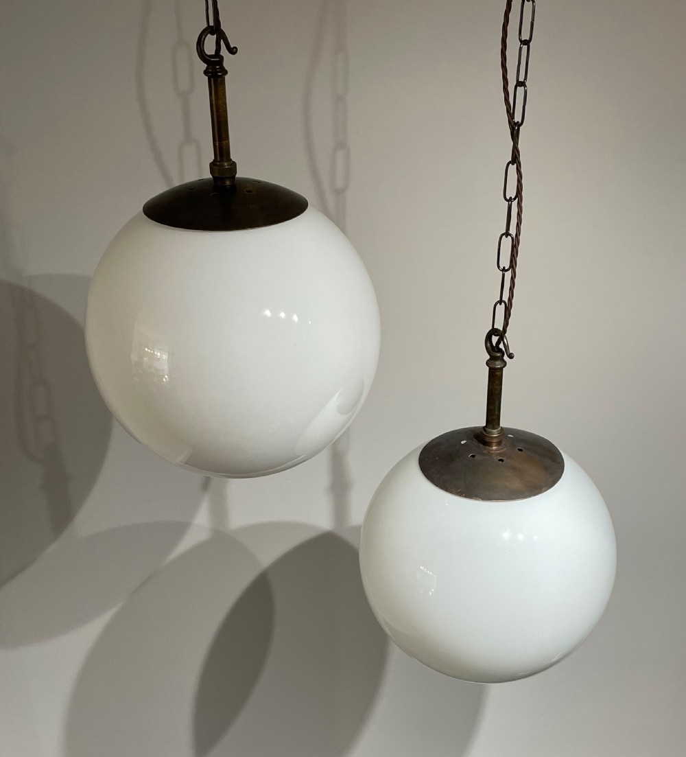 Pair of Large 1930s Opaline Globe Light Pendants View V