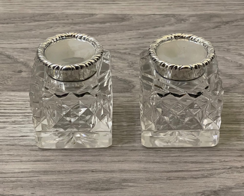 Pair of George V Silver and Cut Glass Inkwells