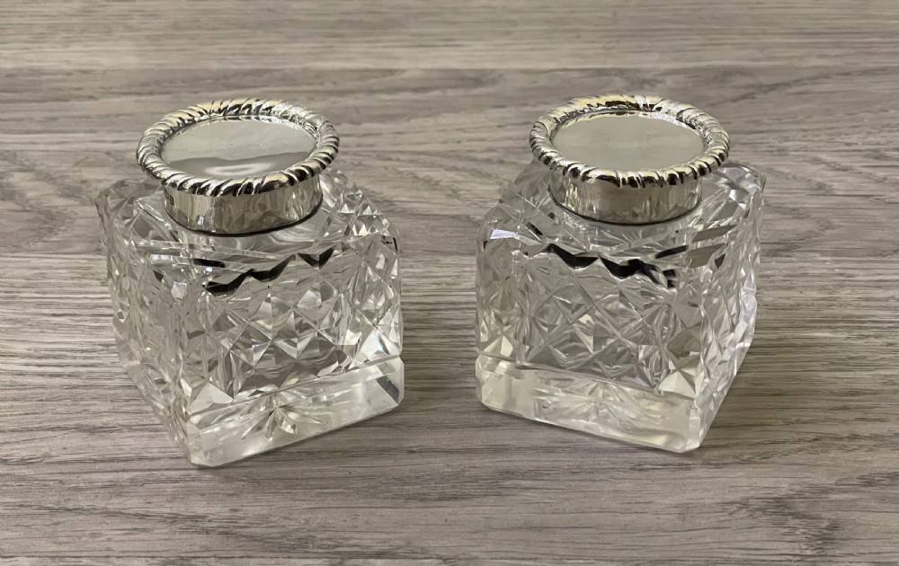 Pair of George V Silver and Cut Glass Inkwells View II