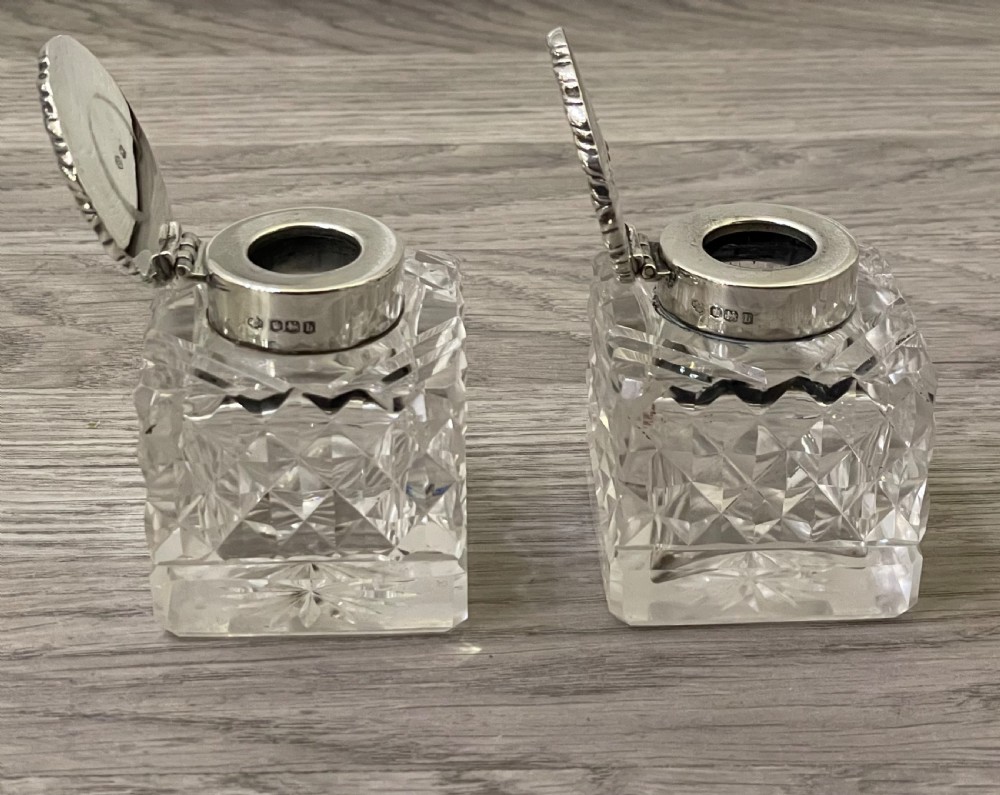 Pair of George V Silver and Cut Glass Inkwells View VI