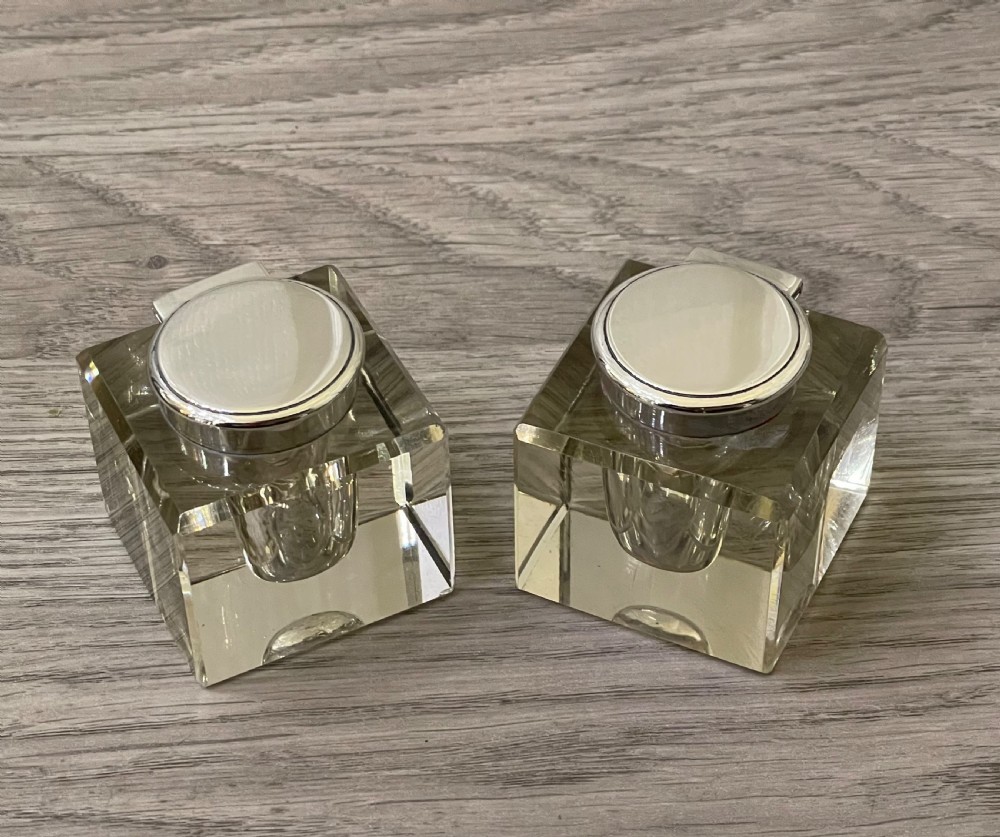 Pair of Edwardian Silver and Glass Inkwells, 1905