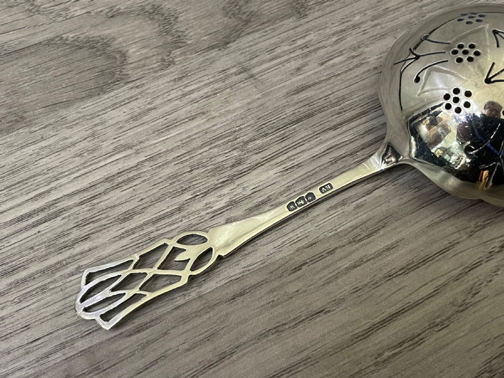 George VI solid silver tea strainer, 1939 View II