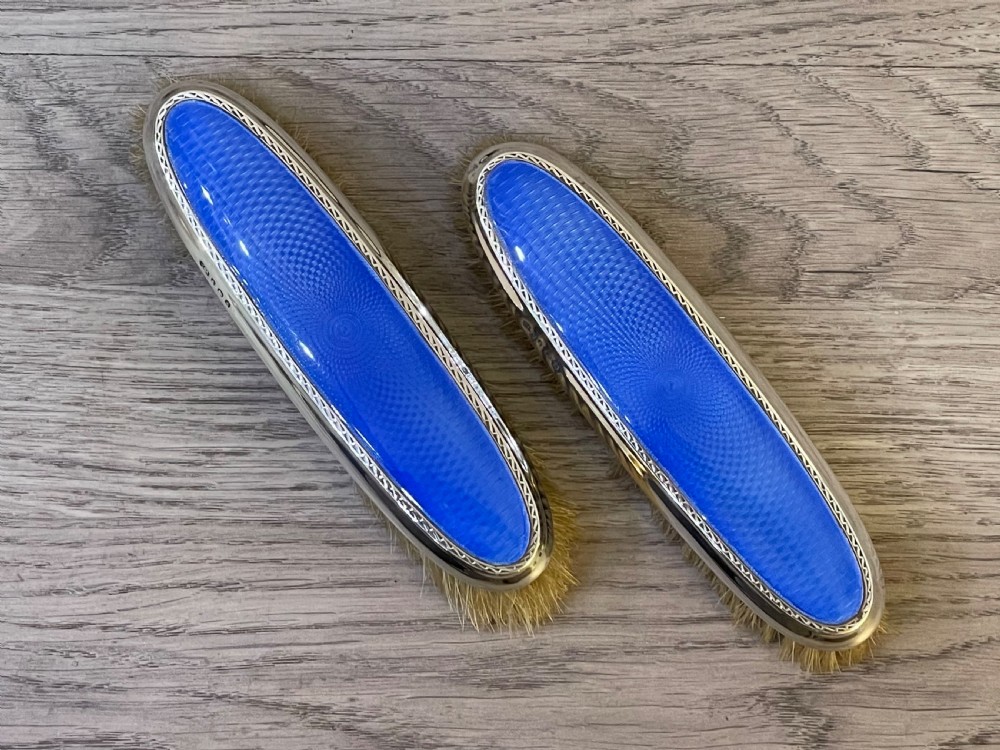 Pair of George V Silver and Blue Enamel Brushes by Horton & Allday View V