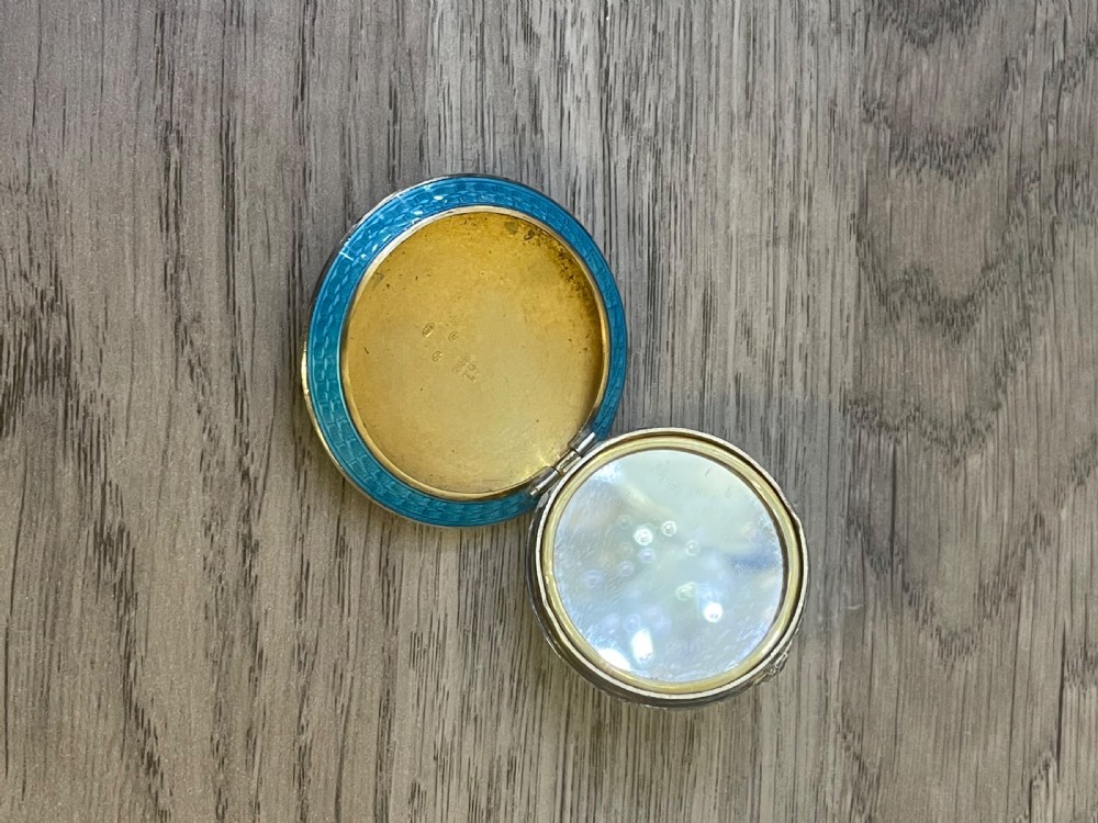Edwardian Solid Silver & Blue Guilloche Enamel Compact View V