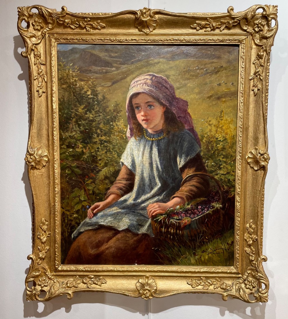Oil Painting of Girl Blackberry Picking by George Wells 