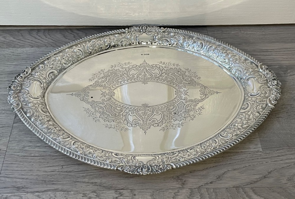 Large Victorian Solid Silver Serving Tray Platter