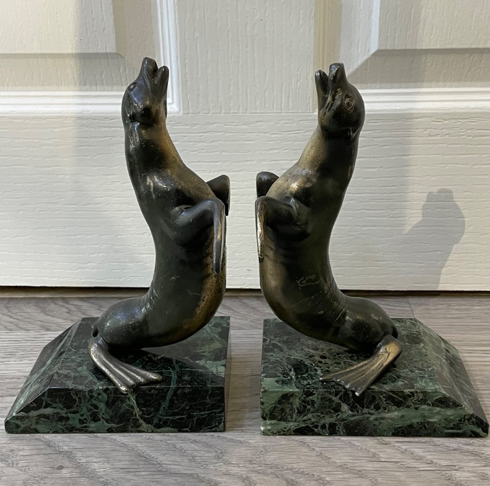 Pair of Art Deco French Spelter Sea Lion Bookends on Marble Bases
