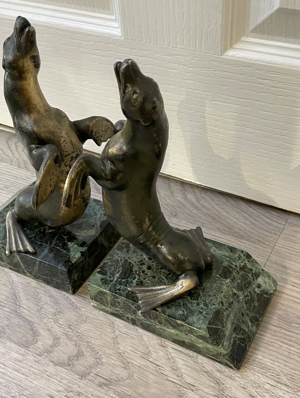 Pair of Art Deco French Spelter Sea Lion Bookends on Marble Bases View II